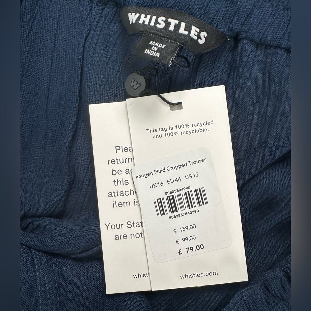 NWT Whistles Imogen Fluid Cropped Trouser Pants Navy Flowy Breezy Elastic Waist - Picture 5 of 12